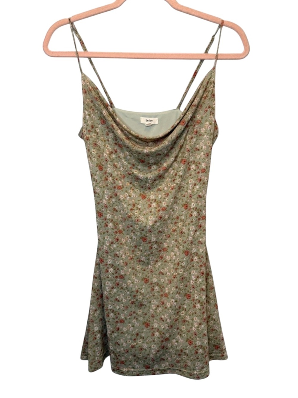 Beivy Sage Green Ditsy Floral Cowl Drape Neck Mini Dress Size Medium Cottagecore